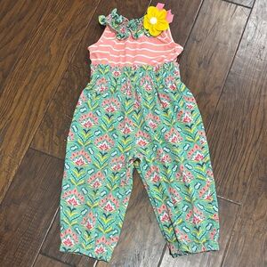 Rare Editions Striped and Floral Jumpsuit - Pink and Green